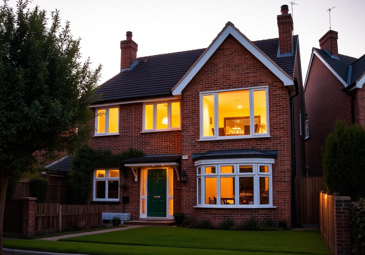 Renovated semi-detached Surrey home at dusk with new rear extension and lit windows
