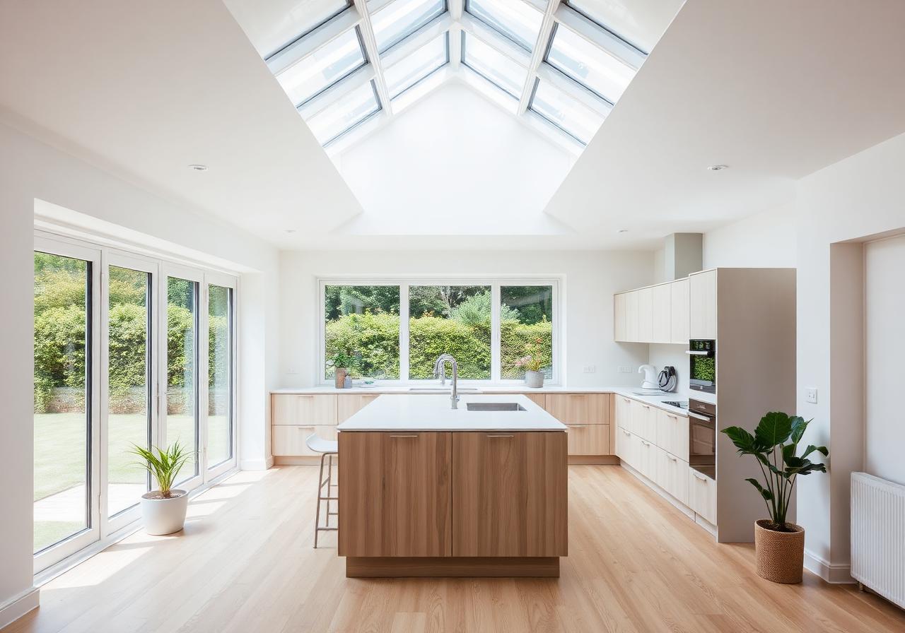 Bright modern kitchen extension with a large skylight, island unit and bifold doors onto the garden